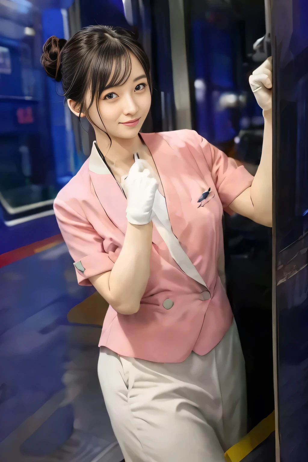 (masterpiece:1.2, highest quality:1.2), 32K HDR, High resolution, (alone、1 girl)、（On the rooftop of a building in the daytime、Professional Lighting）、Building rooftop background、（Nankai train crew uniform pinkを着たリアルスタイル）、（Nankai train crew uniform pink short sleeve collarless pink jacket、Nankai Train Crew Uniform Pink Collarless Short Sleeve Blouse、Nankai Train Crew Uniform Pink Grey Knee-length Culottes）、Dark brown hair、（Hair tied up、Hair Bun、Hair Bun）、Dark brown hair、Long Shot、Big Breasts、Thin legs、（（Great hands：2.0）），（（Harmonious body proportions：1.5）），（（Normal limbs：2.0）），（（Normal finger：2.0）），（（Delicate eyes：2.0）），（（Normal eyes：2.0））)、smile、（Nankai Train Crew Uniform Pink Grey Knee-length Culottesを見せた美しい歩く姿）、Place your hands around your stomach,Lanyard employee ID card