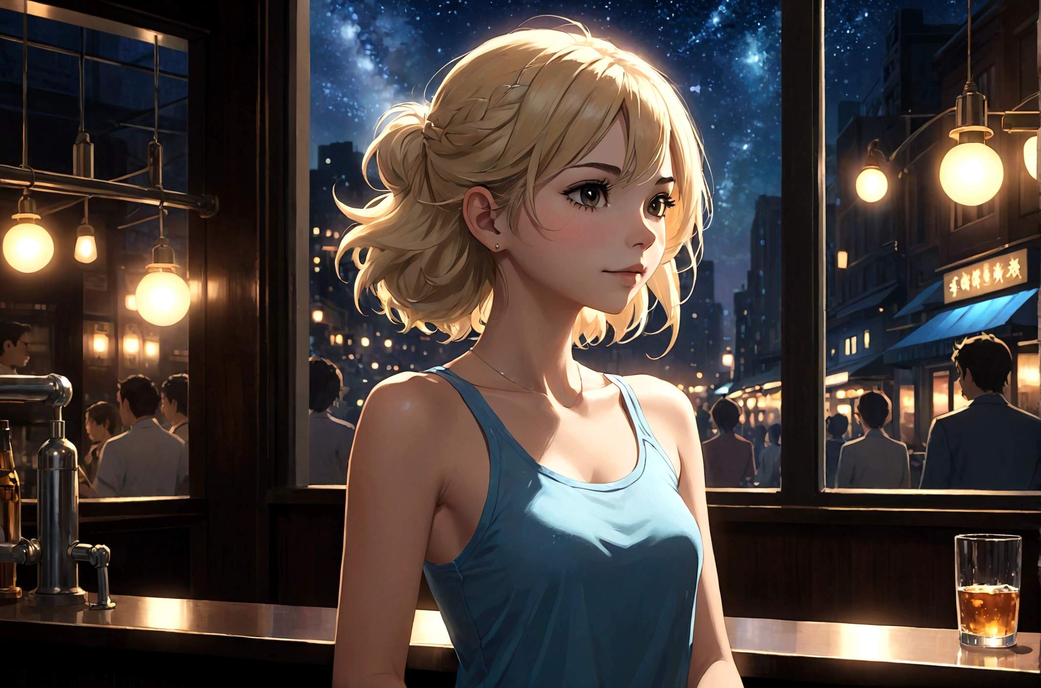 Uses Makoto Shinkai&#39;The depiction is perfect,Victoria Justice Portrait,8k 4k masterpiece photo ,new york,Glass ceiling jazz bar,I can see the twinkling stars through the glass window.,that&#39;Outside in the dark night,Jazz is playing,Profile close-up,Beautiful profile,Semi-long hair,Blonde,Look in a different direction,Standing alone at the counter,Tight-fitting tank top,Bust is medium large