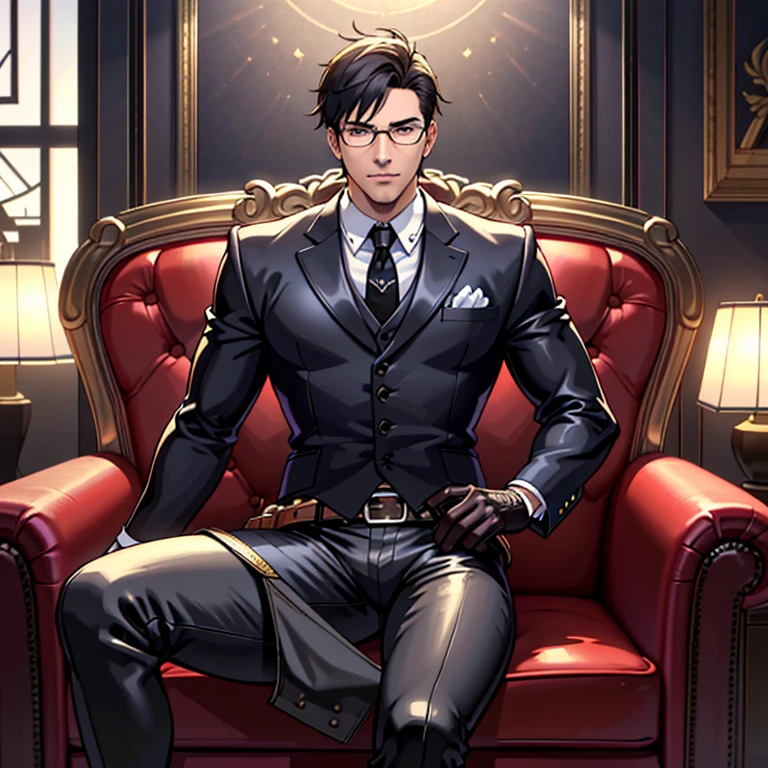 1boy, 16~20 years old, male focus, muscular male, nsfw, 3D, realistic, indoor, normal hue, central, golden ratio, sitting on the leather couch, sharp-featured body, tall, burly, highres, slender build, perfect anatomy, skin texture, thick dark buzzcut hair, see-through bangs, shallow eyebrow, symmetrical eyebrow, large bright eyes, symmetrical eyes, square gold-rimmed glasses, big straight nose, closed mouth, double-edged polearm, broad shoulders, noble attire, bdominal stretch, tight-fitting, leather collar, stand-up collared shirt, necktie, waistcoat, open thickened glossy dark leather jacket, six-pack abs, leather gloves, black trousers, leather belt, spreading long thin legs, large erect penis over 10 inches length and 3 inches width, erection, large scrotum with testicles, masturbation, high-heeled leather boots, soft smile, handsome, powerful, from front, looking ahead at viewer, day, masterpiece, best quality, hyper-detailed, intricate detail, professional photography, matte, bright, the most beautiful ever seen, post processing, dreamatic lighting, ambient lighting, epic composition, ultrawide shot, uplight, raytracing reflections, depth of field, gorgeous background