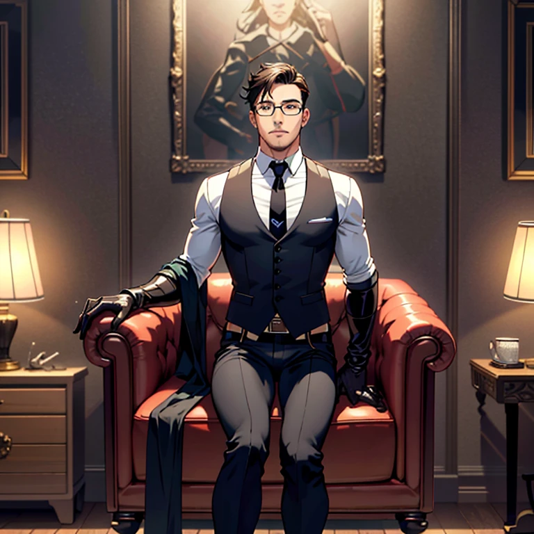1boy, 16~20 years old, male focus, muscular male, nsfw, 3D, realistic, indoor, normal hue, central, golden ratio, sitting on the leather couch, sharp-featured body, tall, burly, highres, slender build, perfect anatomy, skin texture, thick dark buzzcut hair, see-through bangs, shallow eyebrow, symmetrical eyebrow, large bright eyes, symmetrical eyes, square gold-rimmed glasses, big straight nose, closed mouth, double-edged polearm, broad shoulders, noble attire, bdominal stretch, tight-fitting, leather collar, stand-up collared shirt, necktie, waistcoat, open thickened glossy dark leather jacket, six-pack abs, leather gloves, black trousers, leather belt, spreading long thin legs, large erect penis over 10 inches length and 3 inches width, erection, large scrotum with testicles, masturbation, high-heeled leather boots, soft smile, handsome, powerful, from front, looking ahead at viewer, day, masterpiece, best quality, hyper-detailed, intricate detail, professional photography, matte, bright, the most beautiful ever seen, post processing, dreamatic lighting, ambient lighting, epic composition, ultrawide shot, uplight, raytracing reflections, depth of field, gorgeous background