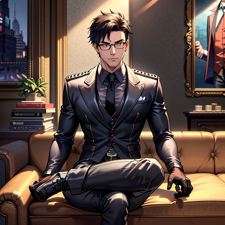1boy, ~20 years old, male focus, muscular male, nsfw, 3D, realistic, indoor, normal hue, central, golden ratio, sitting on the leather couch, sharp-featured body, tall, burly, highres, slender build, perfect anatomy, skin texture, thick dark buzzcut hair, see-through bangs, shallow eyebrow, symmetrical eyebrow, large bright eyes, symmetrical eyes, square gold-rimmed glasses, big straight nose, closed mouth, double-edged polearm, broad shoulders, noble attire, bdominal stretch, tight-fitting, leather collar, stand-up collared shirt, necktie, waistcoat, open thickened glossy dark leather jacket, six-pack abs, leather gloves, black trousers, leather belt, spreading long thin legs, large erect penis over 10 inches length and 3 inches width, erection, large scrotum with testicles, masturbation, high-heeled leather boots, soft smile, handsome, powerful, from front, looking ahead at viewer, day, masterpiece, best quality, hyper-detailed, intricate detail, professional photography, matte, bright, the most beautiful ever seen, post processing, dreamatic lighting, ambient lighting, epic composition, ultrawide shot, uplight, raytracing reflections, depth of field, gorgeous background
