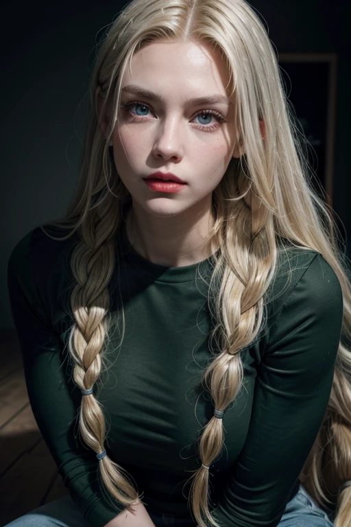 High face quality, A woman in red shoes and black jeans and a green tall shirt, very longest braid blonde hair,eyes gray,body: very huge , muscular body,red lips, perfect face ,wide angle photograph,wide angle lens, close-up, highly detailed , high quality,8k, HDR, FullHD, cinematic, studio lighting