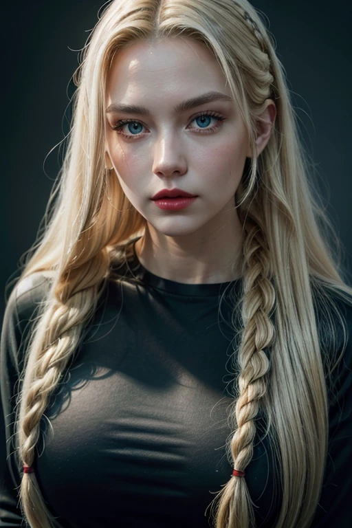 High face quality, A woman in red shoes and black jeans and a green tall shirt, very longest braid blonde hair,eyes gray,body: very huge , muscular body,red lips, perfect face ,wide angle photograph,wide angle lens, close-up, highly detailed , high quality,8k, HDR, FullHD, cinematic, studio lighting