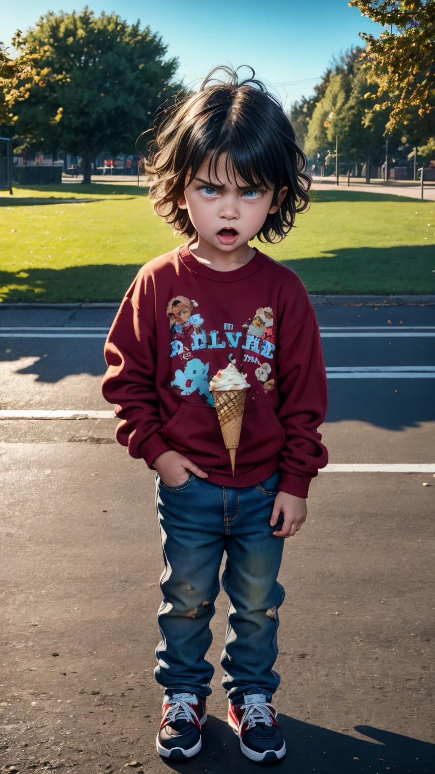 Long shot, full body:1.5, (5  boy:1.4, upset, angry:1.4), hyper realism, skin texture, highly detailed, 8K HD, cute, emotional expression, tears, messy hair, dirty clothes, ice cream spilled on the ground, outdoor park, bright sunlight, detailed background, cinematic lighting, vibrant colors