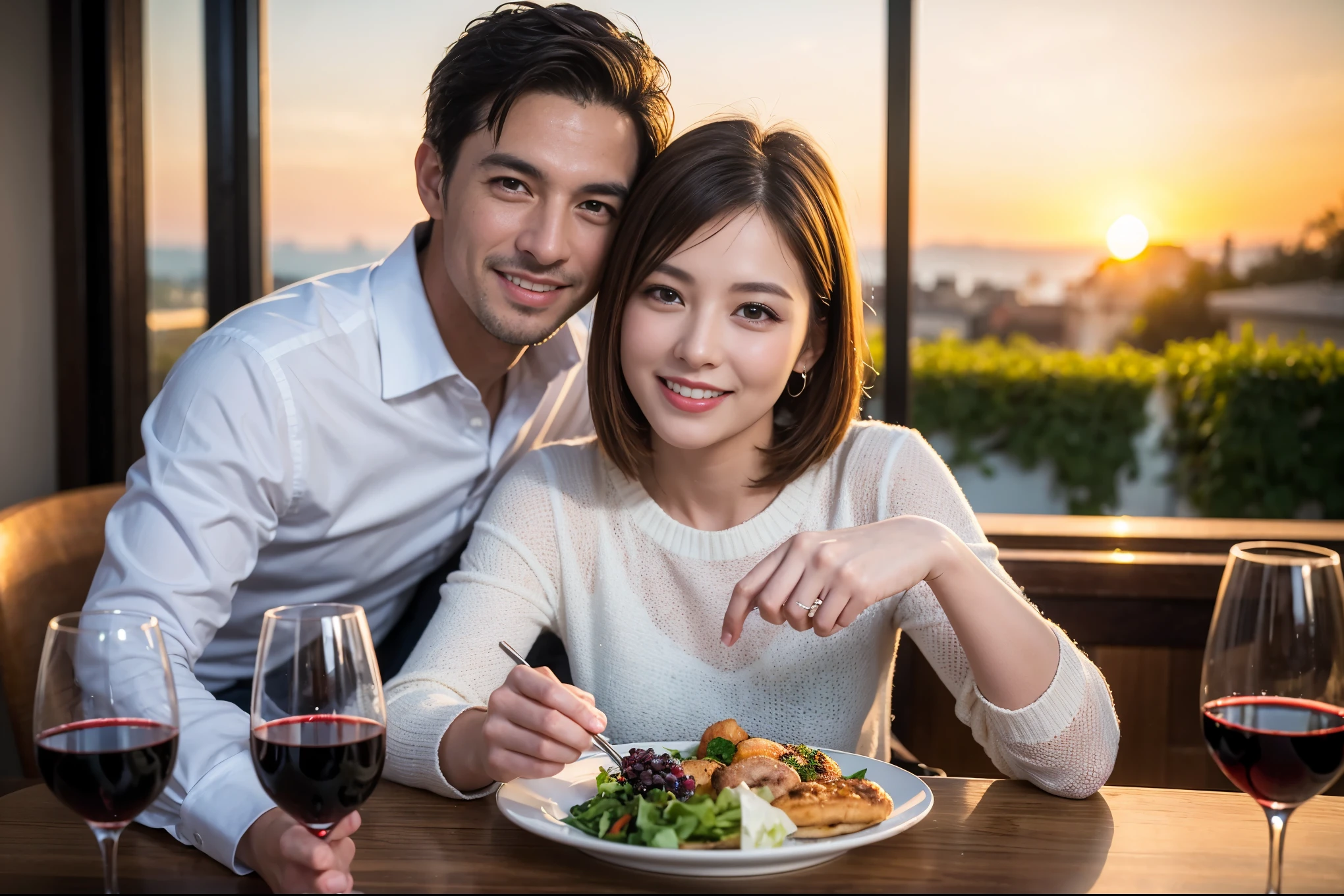 ((highest quality、8k、masterpiece:1.3))、 (Realistic, Real、Bright image、Intricate details:1.2), Best smile 1 man 1 woman、Beautiful couple、lover、couple、spouse、Beautiful couple、Happy smile、full-course dinner、 (Slim face), (Slim Body), (Brown Hair), (Short Hair), テーブルの上のwine glass、Please put light on my face、 Amazing view of the sunset sky and clouds、 (Age 42), 39 years old, red wine 、Appetizers、Wine bottle、sparkling wine、Long sleeve shirt、dress、White wine, red wine, wine glass,