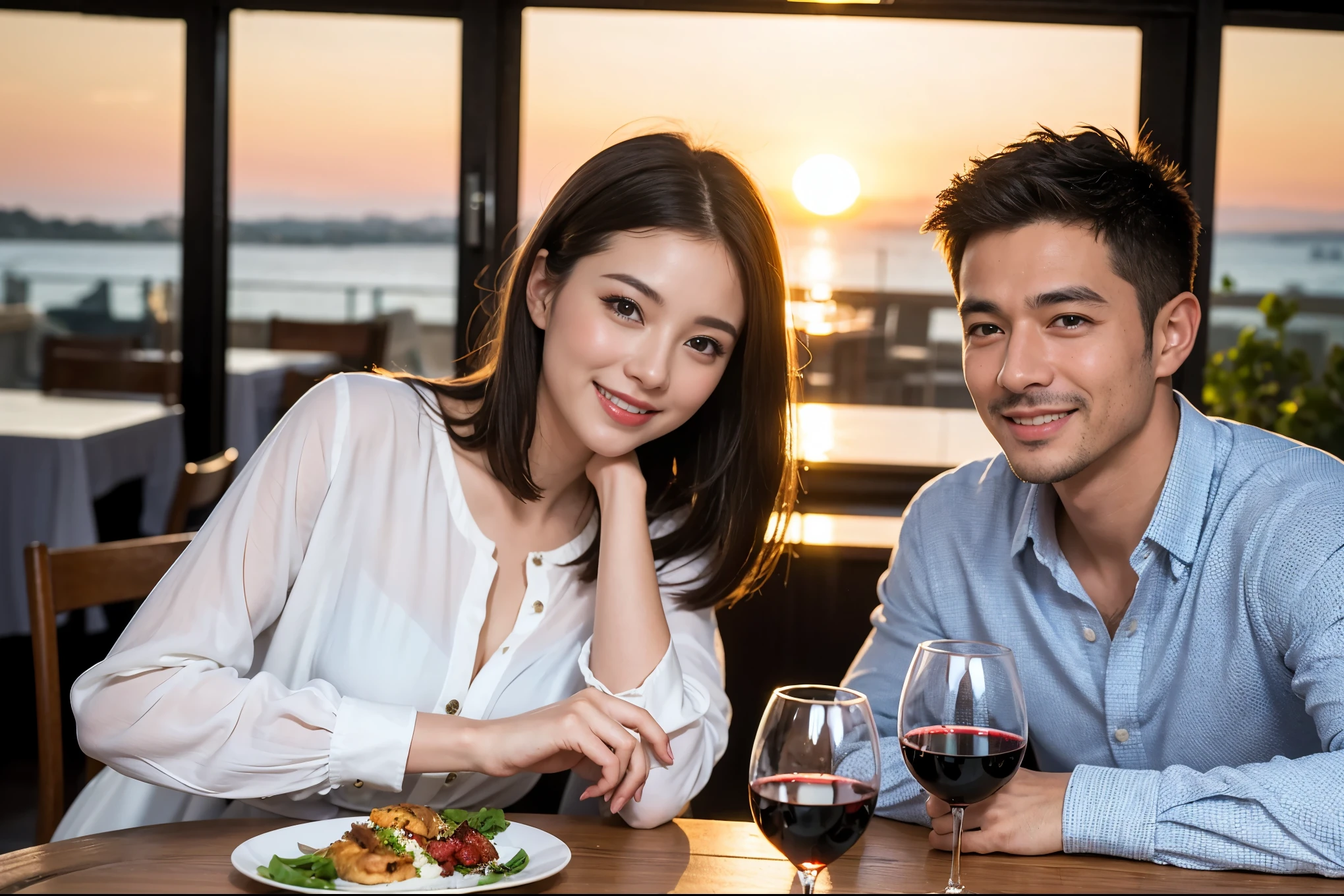 ((highest quality、8k、masterpiece:1.3))、 (Realistic, Real、Bright image、Intricate details:1.2), Best smile 1 man 1 woman、Beautiful couple、lover、couple、spouse、Beautiful couple、Happy smile、full-course dinner、 (Slim face), (Slim Body), (Brown Hair), (Short Hair), テーブルの上のwine glass、Please put light on my face、 Amazing view of the sunset sky and clouds、 (Age 42), 39 years old, red wine 、Appetizers、Wine bottle、sparkling wine、Long sleeve shirt、dress、White wine, red wine, wine glass, 