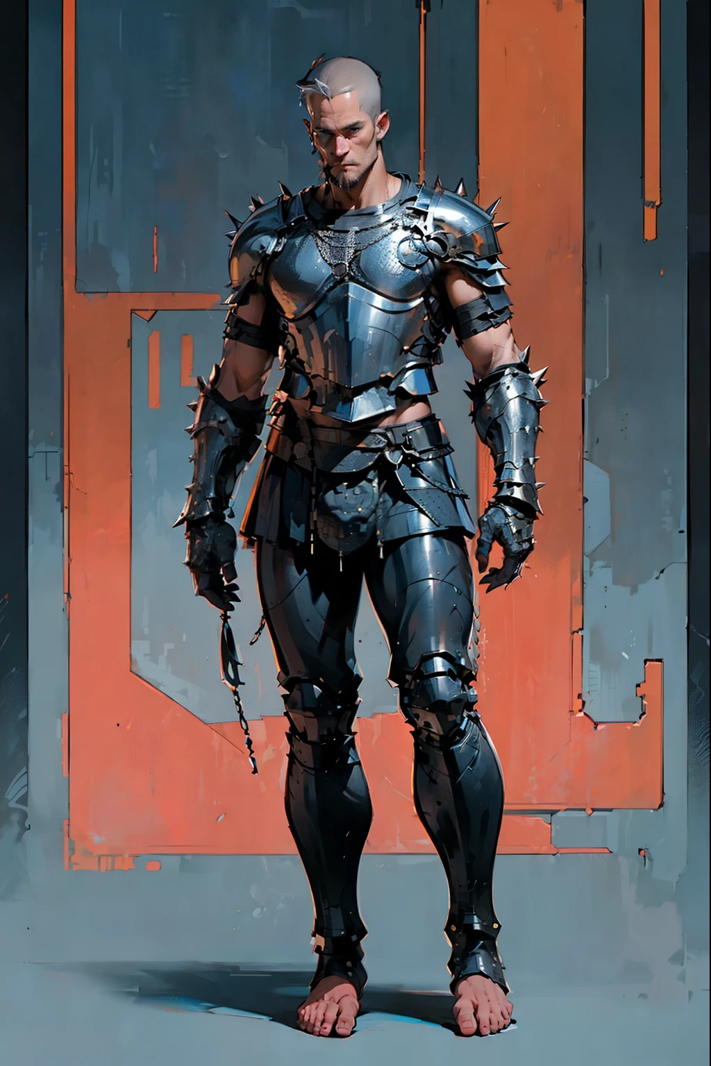 1man, old man, perfect proportions, anatomically correct, (head to toe: 2.0), (full body image: 2.0), solo, extremely stylized, deviant art, masterpiece, highly detailed, detailed eyes, expressive detailed eyes, detailed pupils, futuristic, ((wearing an armored helmet)), ((holding a spiked flail)), (cybernetic arms:1.4), big boots, entire body image, full body shot, nvinkpunk, professional photograph of alexander_skarsgard, tassles, large beads, (large tassels), cyberpunk, inkpunk, paint platter, ink splatter, (action pose:1.0), ((chainmail shirt)), old warrior, long beard, ((armor shoulders))