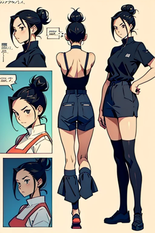 Girl with black hair in a bun, full body positions, manga page with panels and dialogue