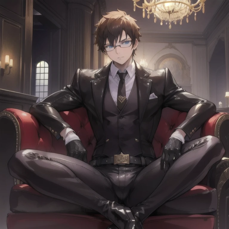 1boy, 16~20 years old, male focus, muscular male, nsfw, 3D, realistic, indoor, normal hue, central, golden ratio, sitting on the leather couch, sharp-featured body, tall, burly, highres, slender build, perfect anatomy, skin texture, thick dark buzzcut hair, see-through bangs, shallow eyebrow, symmetrical eyebrow, large bright eyes, symmetrical eyes, square gold-rimmed glasses, big straight nose, closed mouth, double-edged polearm, broad shoulders, noble attire, bdominal stretch, tight-fitting, leather collar, stand-up collared shirt, necktie, waistcoat, open thickened glossy dark leather jacket, six-pack abs, leather gloves, black trousers, leather belt, spreading long thin legs, large erect penis over 10 inches length and 3 inches width, erection, large scrotum with testicles, masturbation, high-heeled leather boots, soft smile, handsome, powerful, from front, looking ahead at viewer, day, masterpiece, best quality, hyper-detailed, intricate detail, professional photography, matte, bright, the most beautiful ever seen, post processing, dreamatic lighting, ambient lighting, epic composition, ultrawide shot, uplight, raytracing reflections, depth of field, gorgeous background 