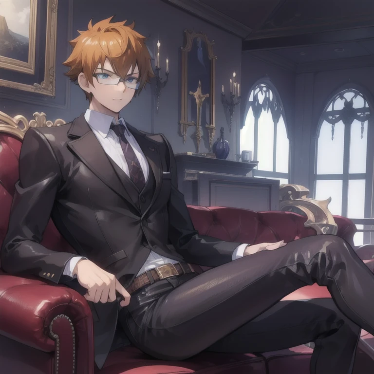 26-year-old man, elegant short red hair and emerald eyes, pale skin, has an arrogant expression, is a former prince, with a white royal suit, very marked features and masculine, is attractive but looks arrogant, is sitting on a throne and looks intimidating, around him there is a dark atmosphere. Anime style like Violet Evergarden and Spy Family.