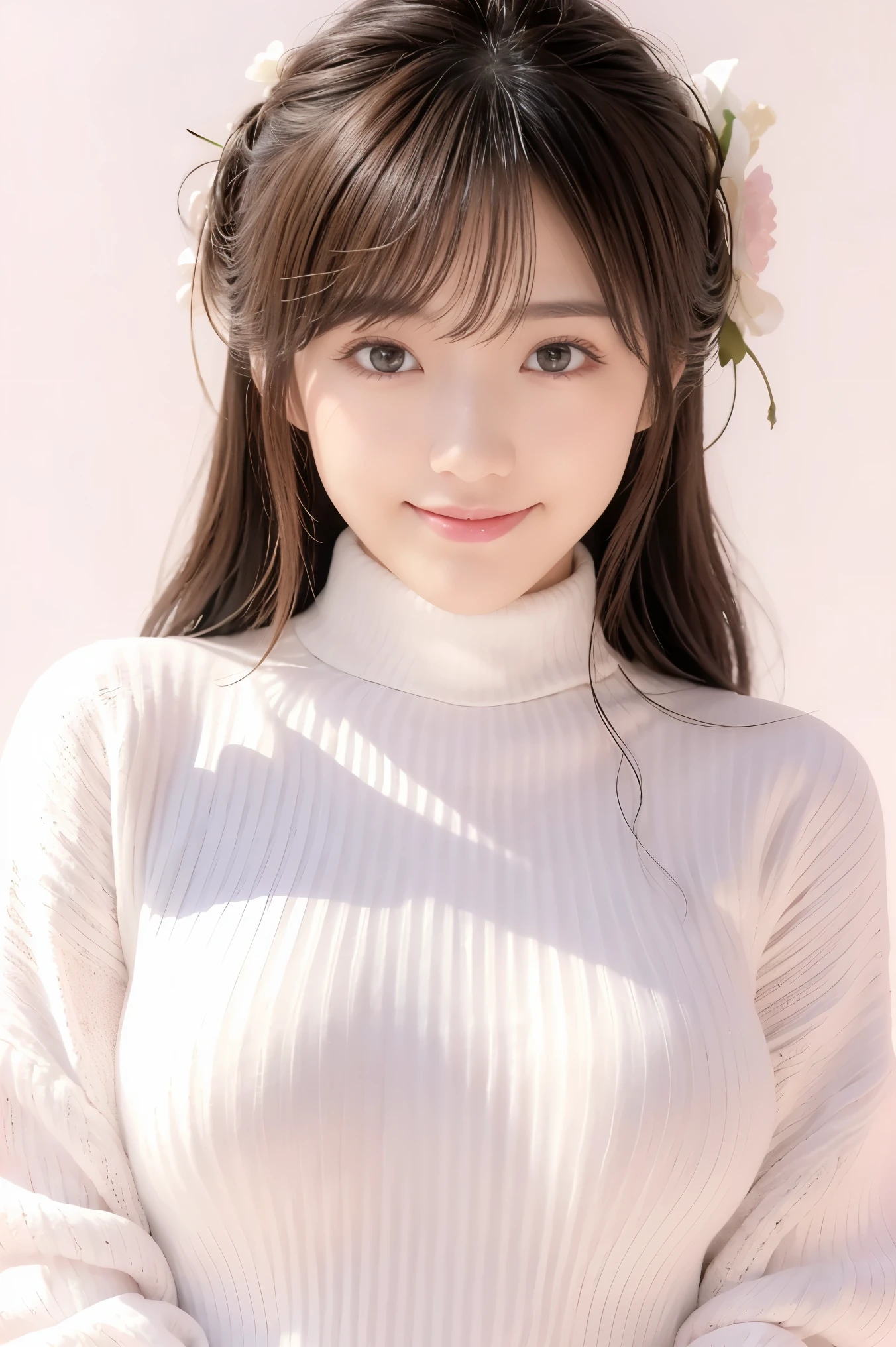 (highest quality、Tabletop、8k、Best image quality、Ultra-high resolution、Award-winning works)、One beautiful woman、alone、Accurate anatomy、(Face close-up:1.2)、(The perfect white turtleneck long knit sweater:1.2)、Smooth long knit sweater、Relaxed oversized knit、(Voluptuous body:1.2)、(Big Breasts:1.2)、(Accentuate your body lines:1.1)、Ultra-high resolutionの艶と潤いのある美肌、Ultra-high resolutionの美しい顔、Ultra-high resolutionの煌めく瞳、Ultra-high resolutionの完璧な歯、Ultra-high resolutionの髪の毛、Look at me and smile、Perfect Makeup、A perfect and precise white knit、(Light pink solid background:1.3)