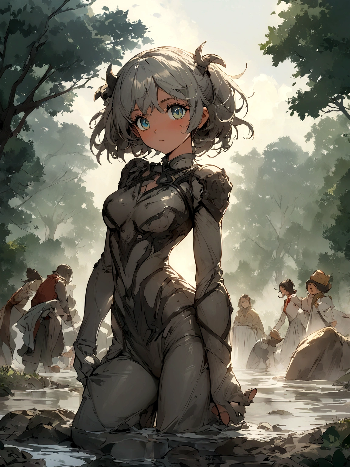 an illustration that sums up the beauty of a woman having fun in the mud in a peaceful rural setting on a misty morning. A pesar de estar cubierto de barro, sus rasgos cautivadores brillan. Posee ojos atractivos y un cuerpo bien proporcionado.. Develop this work of art in Full HD with a cinematic style.