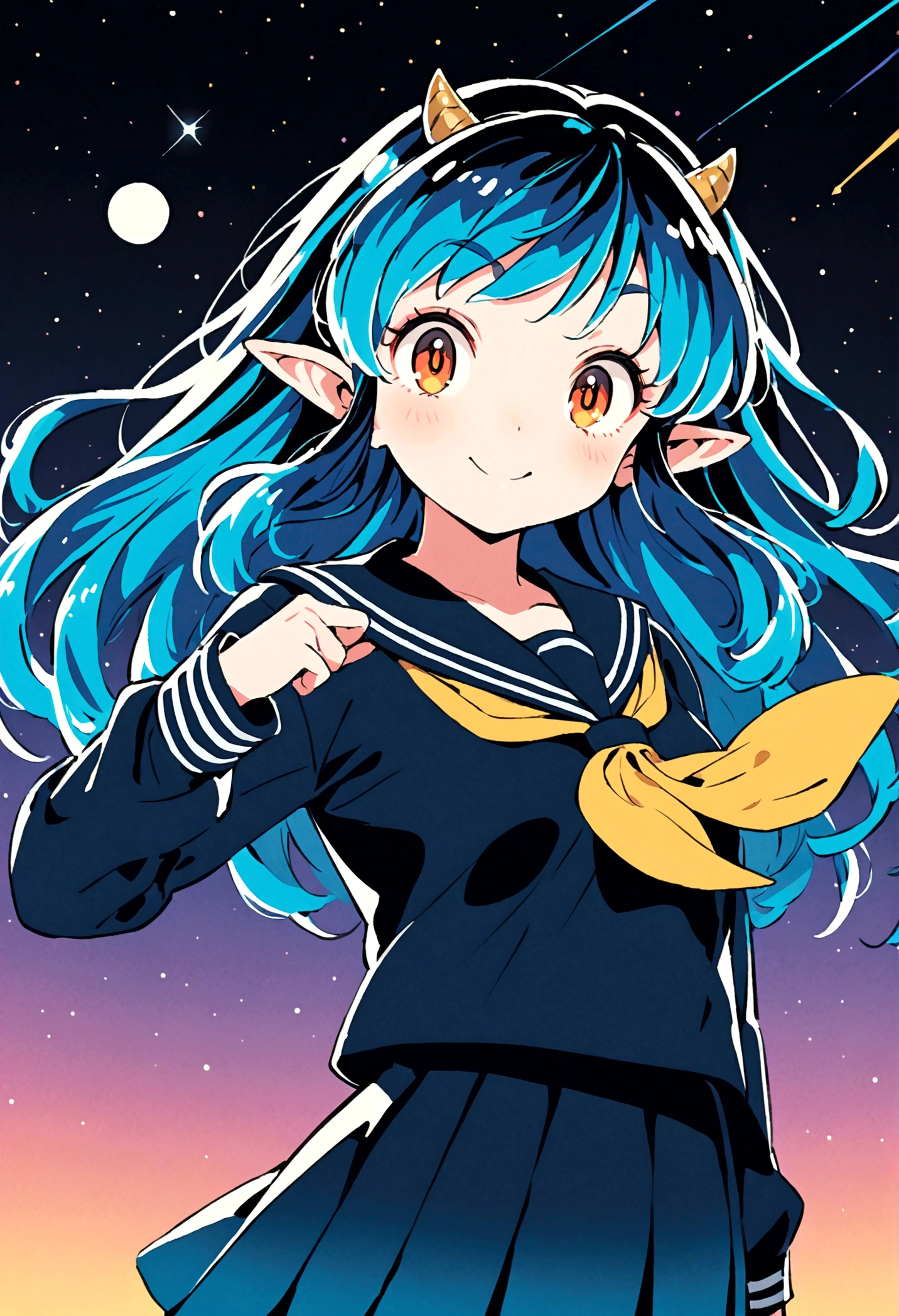 takahashi rumiko style,(1 girl,Lum,long hair,bangs,blue hair,orange eyes,horns,pointy ears,aqua hair,oni horns,(eyeshadow),(shirt,long sleeves,sailor suit,sailor collar,neckerchief,yellow neckerchief,blue shirt,blue sailor collar,blue skirt),the character Lum from "Urusei Yatsura",Do cute girly poses,smile,Bright and cheerful atmosphere,Background elements such as space or a starry sky,BREAK,(Creates a POP illustration style background,Outer space with the moon and stars floating in it,rich colors,colorful,shooting star,draw with thick lines,Sparkling,unbelievably absurd,zentangle elements,vector art),beautiful light and shadow,BREAK,(masterpiece:1.3),(highest quality:1.4),(ultra detailed:1.5),High resolution,extremely detailed,unity 8k wallpaper