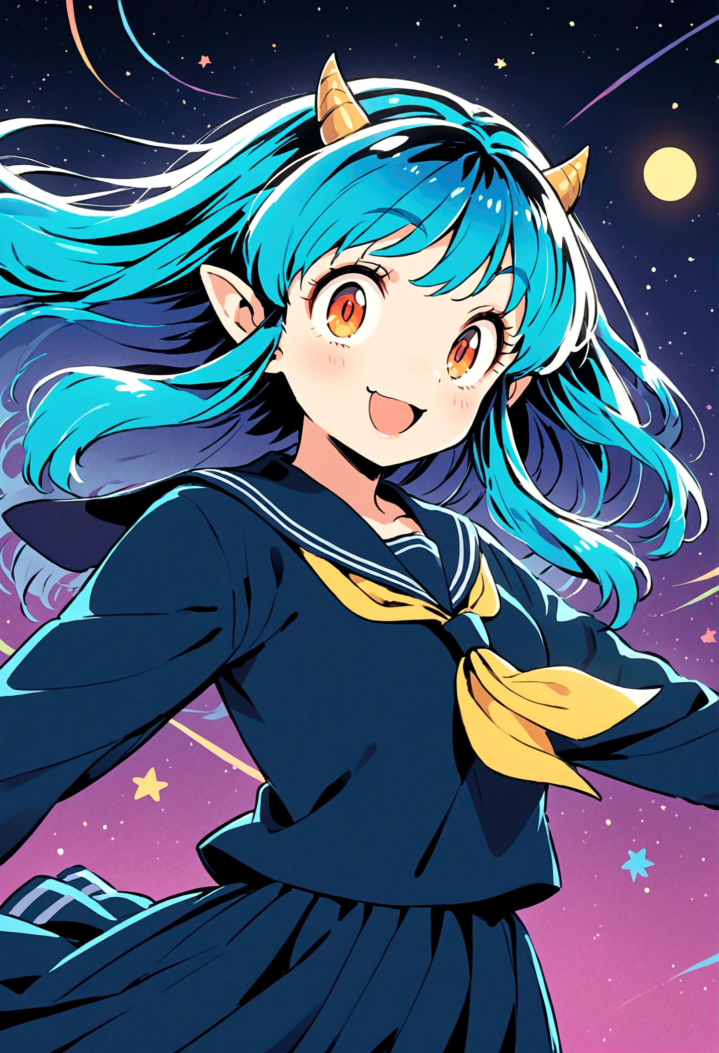 takahashi rumiko style,(1 girl,Lum,long hair,bangs,blue hair,orange eyes,horns,pointy ears,aqua hair,oni horns,(eyeshadow),(shirt,long sleeves,sailor suit,sailor collar,neckerchief,yellow neckerchief,blue shirt,blue sailor collar,blue skirt),the character Lum from "Urusei Yatsura",Do cute girly poses,smile,Bright and cheerful atmosphere,Background elements such as space or a starry sky,BREAK,(Creates a POP illustration style background,Outer space with the moon and stars floating in it,rich colors,colorful,shooting star,draw with thick lines,Sparkling,unbelievably absurd,zentangle elements,vector art),beautiful light and shadow,BREAK,(masterpiece:1.3),(highest quality:1.4),(ultra detailed:1.5),High resolution,extremely detailed,unity 8k wallpaper