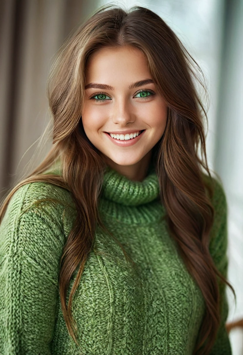 A stunning masterpiece of a high-res portrait of a beautifully detailed girl with long, shiny brown hair and mesmerizing green eyes, wearing a cozy sweater and flashing a gorgeous smile that accentuates her small yet perfectly-formed breasts.