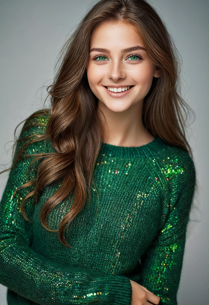 A stunning masterpiece of a high-res portrait of a beautifully detailed girl with long, shiny brown hair and mesmerizing green eyes, wearing a cozy sweater and flashing a gorgeous smile that accentuates her small yet perfectly-formed breasts.