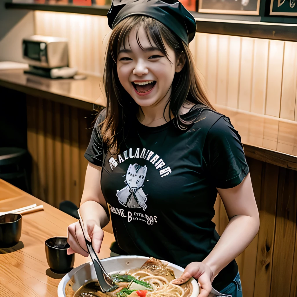 8K, ultra detailed, (realistic:1.2), masterpiece, 30yo, A woman wearing a black T-shirt and a white bandana on his head, (laugh:1.5), Ramen restaurant kitchen, standing