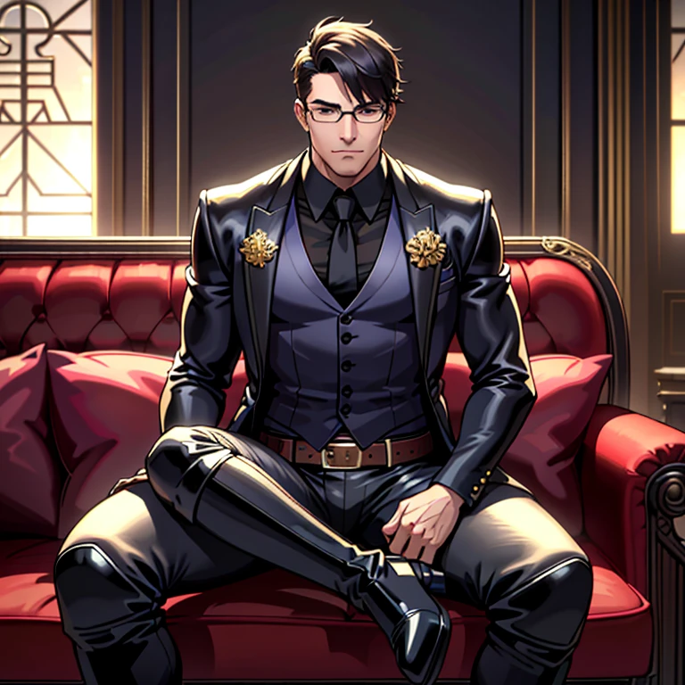 1boy, 16~20 years old, male focus, muscular male, nsfw, 3D, realistic, indoor, normal hue, central, golden ratio, sitting on the leather couch, sharp-featured body, tall, burly, highres, slender build, perfect anatomy, skin texture, thick dark buzzcut hair, see-through bangs, shallow eyebrow, symmetrical eyebrow, large bright eyes, symmetrical eyes, square gold-rimmed glasses, big straight nose, closed mouth, double-edged polearm, broad shoulders, noble attire, bdominal stretch, tight-fitting, leather collar, stand-up collared shirt, necktie, waistcoat, open thickened glossy dark leather jacket, six-pack abs, leather gloves, black trousers, leather belt, spreading long thin legs, large erect penis over 10 inches length and 3 inches width, erection, large scrotum with testicles, masturbation, high-heeled leather boots, soft smile, handsome, powerful, from front, looking ahead at viewer, day, masterpiece, best quality, hyper-detailed, intricate detail, professional photography, matte, bright, the most beautiful ever seen, post processing, dreamatic lighting, ambient lighting, epic composition, ultrawide shot, uplight, raytracing reflections, depth of field, gorgeous background