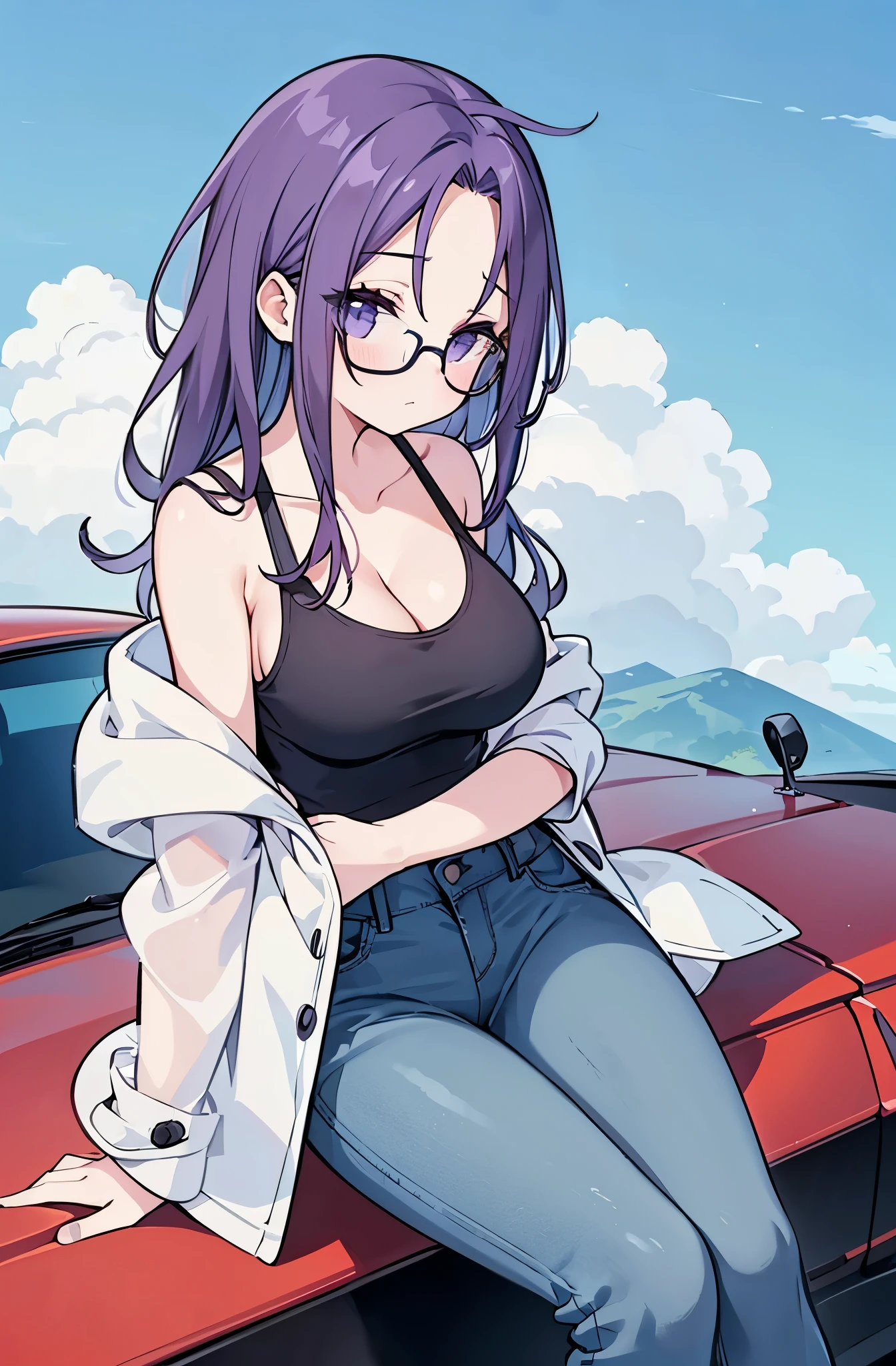 Off Shoulder raincoat, black Tank top, denim pants, sky, blue sky, cleavage, cleavage, cleavage, breasts, forehead, long purple hair, red eyewear, crossed arms, expressionless, car, profile, from above, from above, from above,