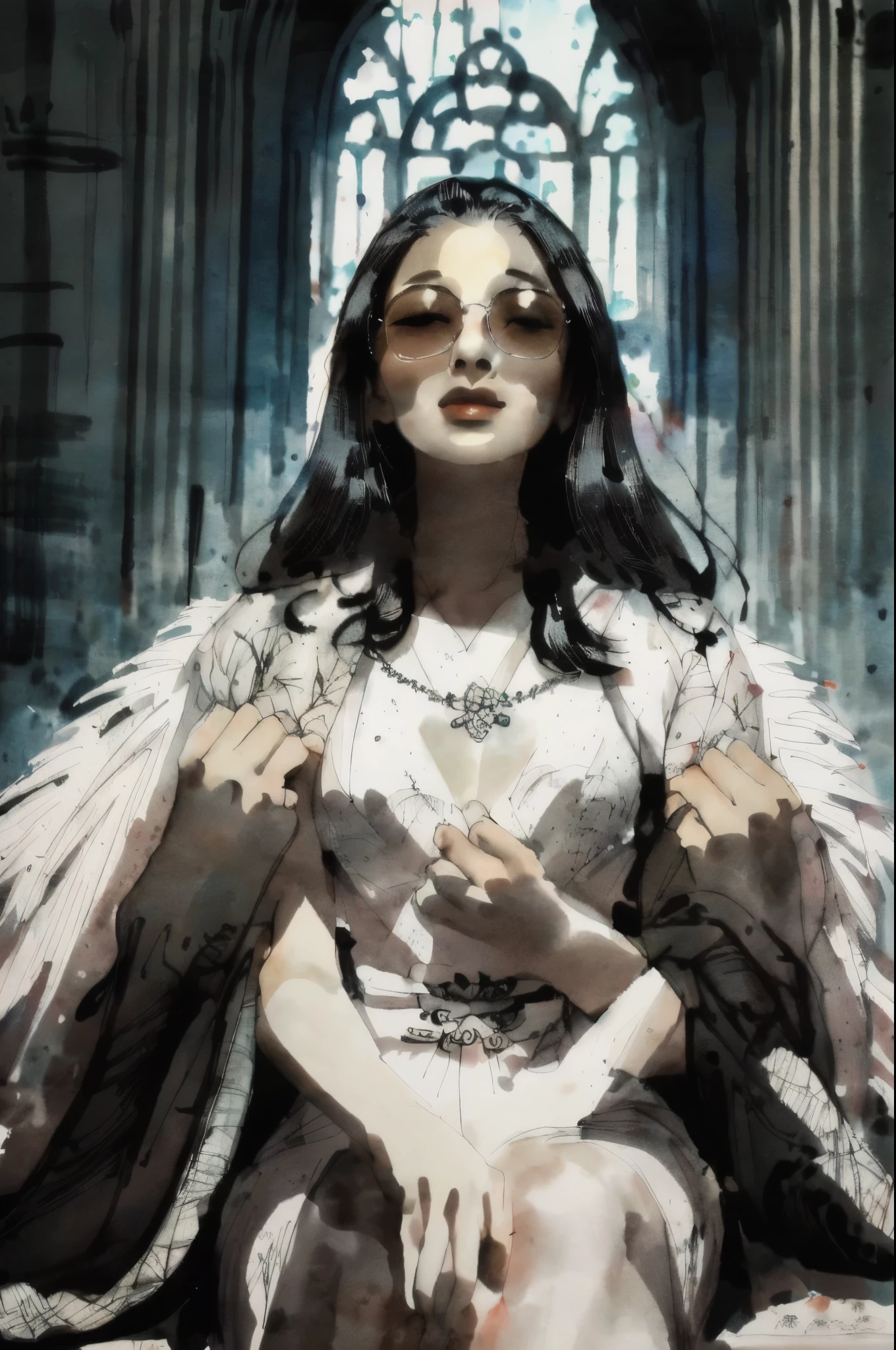 black and white tones:1.3, masterpiece, best quality, tradition chinese ink watercolor paintings:1.2, use thick and light inks to create light and dark changes and layers, a beautiful 20s french model, ultra detailed face