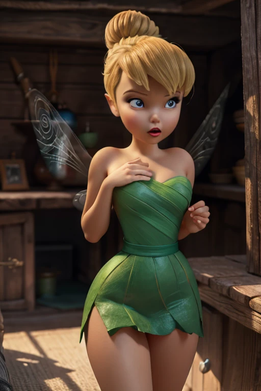 a naked woman,Tinkerbell, detailed green eyes,perfect female body,(exposed breasts),(pronounced vagina),small waist,wide hips,thick thighs,photorealistic,8k,highquality,masterpiece,cinematic lighting,dramatic lighting,chiaroscuro,oil painting,hyperrealistic