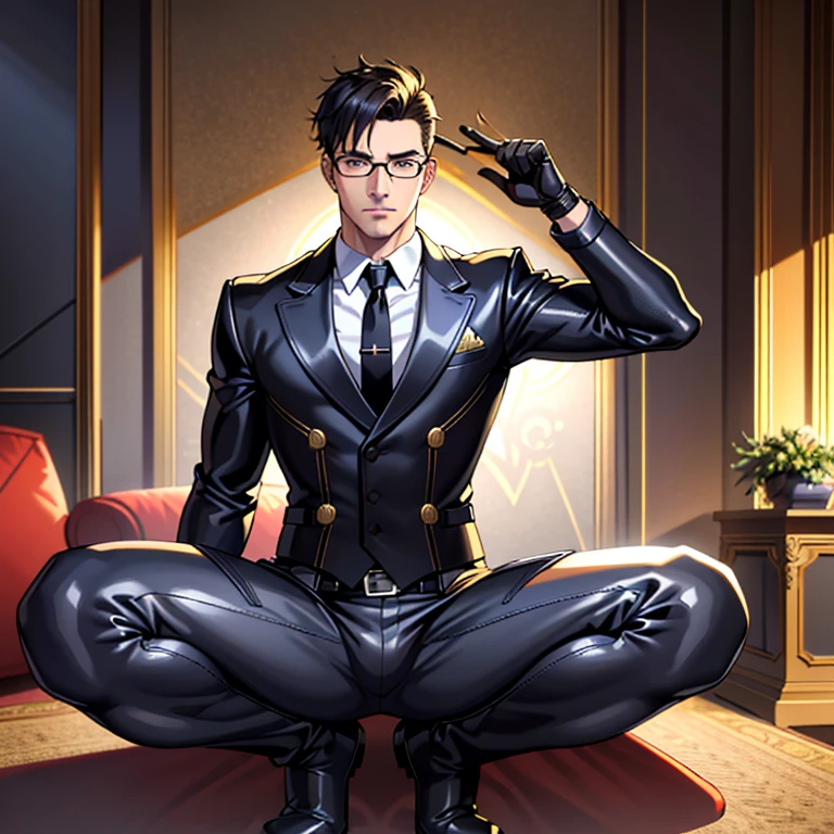 1boy, 16~20 years old, male focus, muscular male, nsfw, 3D, realistic, indoor, normal hue, central, golden ratio, sitting on the leather couch, sharp-featured body, tall, burly, highres, slender build, perfect anatomy, skin texture, thick dark buzzcut hair, see-through bangs, shallow eyebrow, symmetrical eyebrow, large bright eyes, symmetrical eyes, square gold-rimmed glasses, big straight nose, closed mouth, double-edged polearm, broad shoulders, noble attire, bdominal stretch, tight-fitting, leather collar, stand-up collared shirt, necktie, waistcoat, open thickened glossy dark leather jacket, six-pack abs, leather gloves, black trousers, leather belt, spreading long thin legs, large erect penis over 10 inches length and 3 inches width, erection, large scrotum with testicles, masturbation, high-heeled leather boots, soft smile, handsome, powerful, from front, looking ahead at viewer, day, masterpiece, best quality, hyper-detailed, intricate detail, professional photography, matte, bright, the most beautiful ever seen, post processing, dreamatic lighting, ambient lighting, epic composition, ultrawide shot, uplight, raytracing reflections, depth of field, gorgeous background