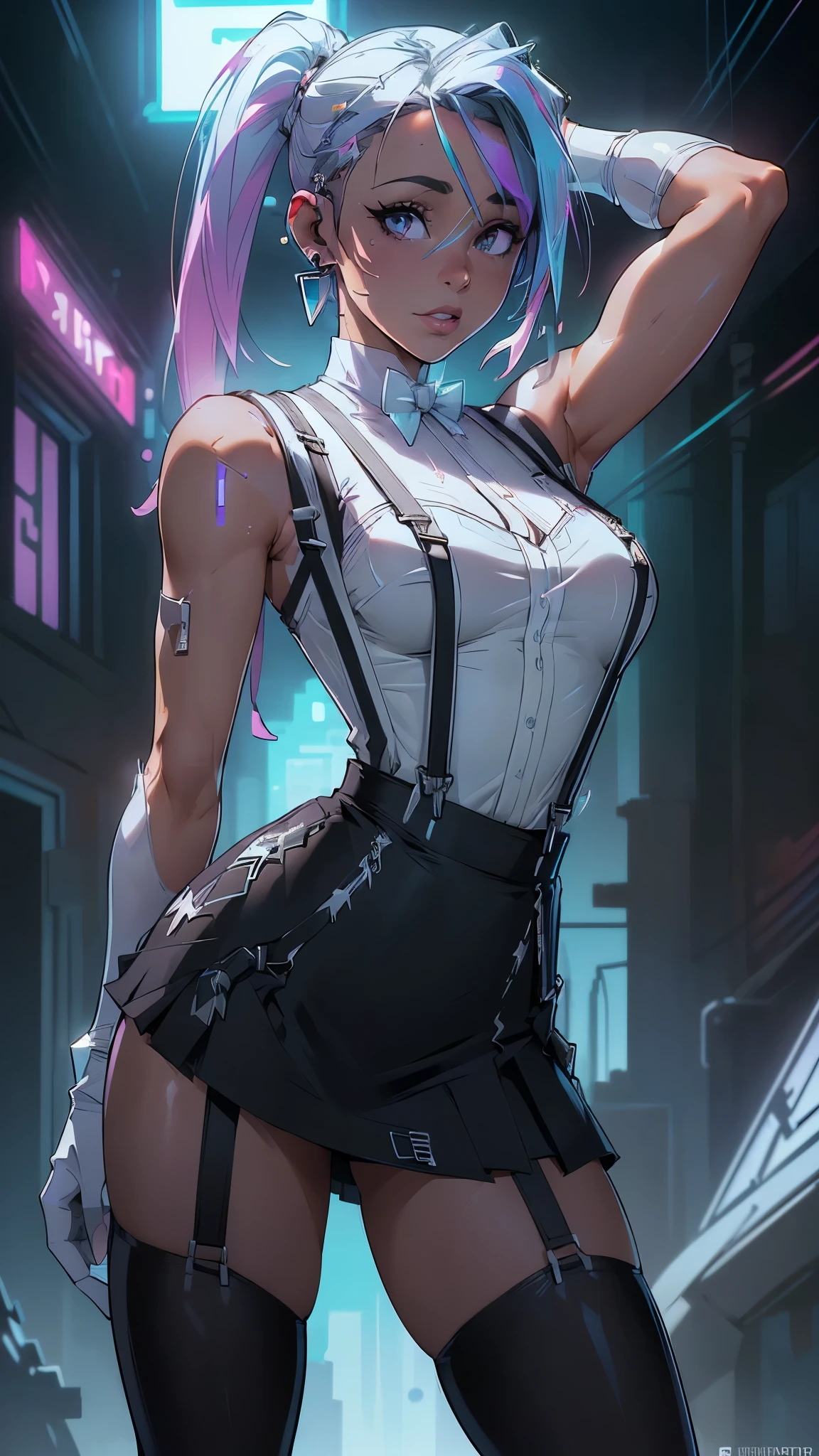 (La mejor calidad,A high resolution,Ultra - detallado,actual),Ariana Grande, neon hair, White vest,(Black Suspenders:1.4) ,(Show your armpits white :1.4) ,Arms in the head,breast,earrings,肘Gloves,Elbow pads,Gloves,jewelry,big breast,Upper Body,skirt,solo,(Suspenders Skirt white :1.4) ,Suspenders,Vest,Tight clothing,tifa lockhart, ,(Fondo de ruinas de mazmorra en ruinas cyberpunk :1.4 ), (Ariana Grande :1.4), (dynamic cowboy pose), (perfect anatomy :1.4),( cinematic lighting :1.4), score_9, score_8_up, score_7_up, score_6_up,(Gelcoat transparente neón | Clear glass resin doll:1.4), (Transparent material style plastic neón :1.4), (Gelcoat transparente de resina de vidrio transparente:1.4), (no mutaciones), ,( ciberpunk 2.1)