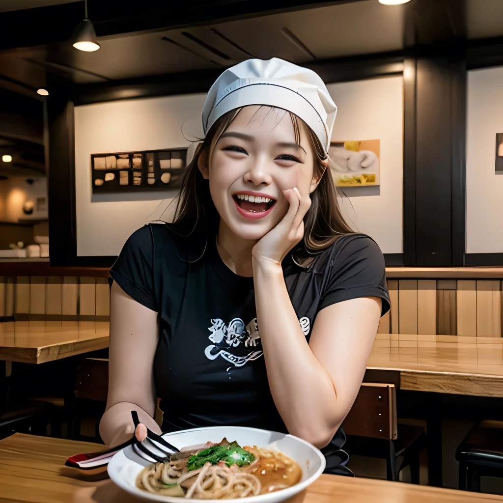 8K, ultra detailed, (realistic:1.2), masterpiece, 30yo, A woman wearing a black T-shirt and a white bandana on his head, (laugh:1.5), Ramen restaurant kitchen, standing