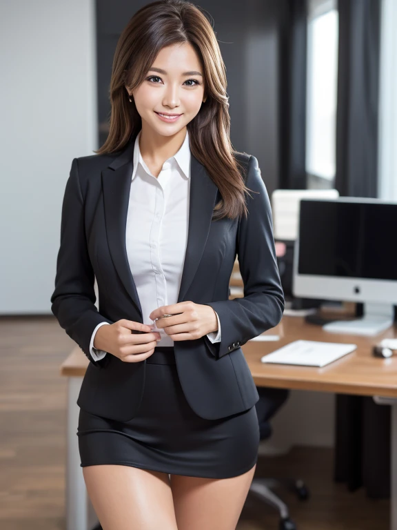 Tabletop, highest quality, Realistic, Very detailed, finely, High resolution, 8k wallpaper, 1. Beautiful Women,, Light brown messy hair, Wearing a business suit, Sharp focus, Perfect dynamic composition, finelyて美しい目, Thin Hair, Detailed and Realistic skin texture, smile, Model Body Type、Beautiful legs、office、smile、
