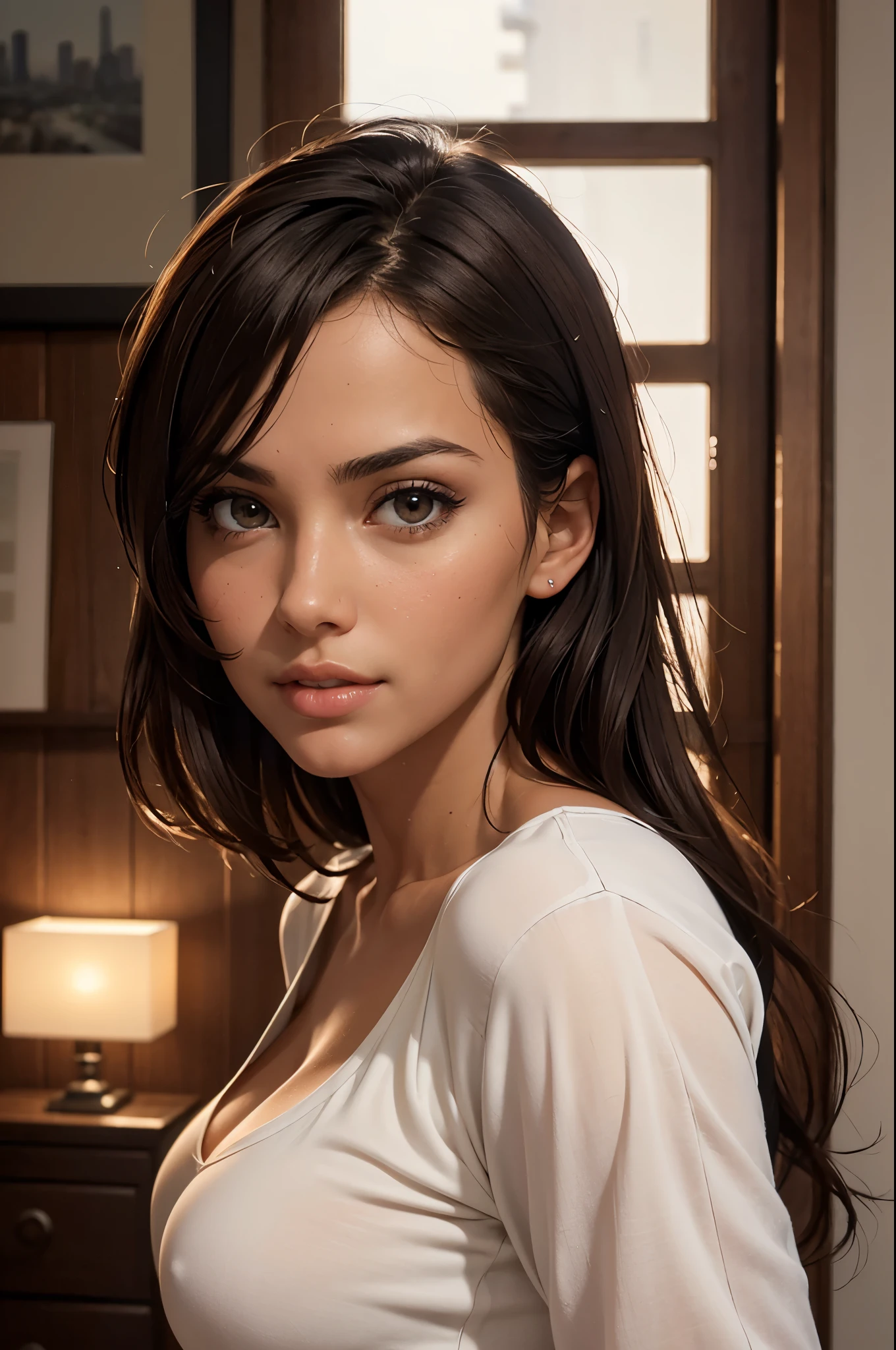 masterpiece, best quality, 8k, (looking at the viewer: 1.1), beautiful, hot, seductive, womam
woman with tanned skin,medium breasts, oiled black hair, (eye contact: 1.1), beautiful face, (detailed face: 1.2), (animated: 1.2), hyper detailed, best quality, ultra high resolution, brown hair , cozy house interior, photorealistic, high resolution, detailed , raw photo, 1girl, white clothes, night, city lights, rain