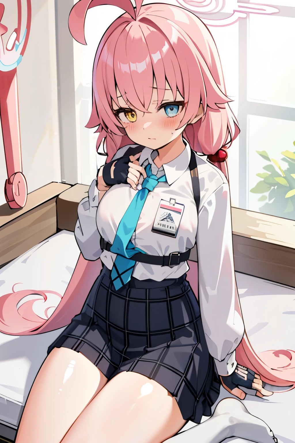 Hoshino (Blue archive), a girl with long even hair, pink hair, embarrassed face, blushing, big breast, big ass, big hips, big thighs, sitting, open legs, focus pussy, bedroom