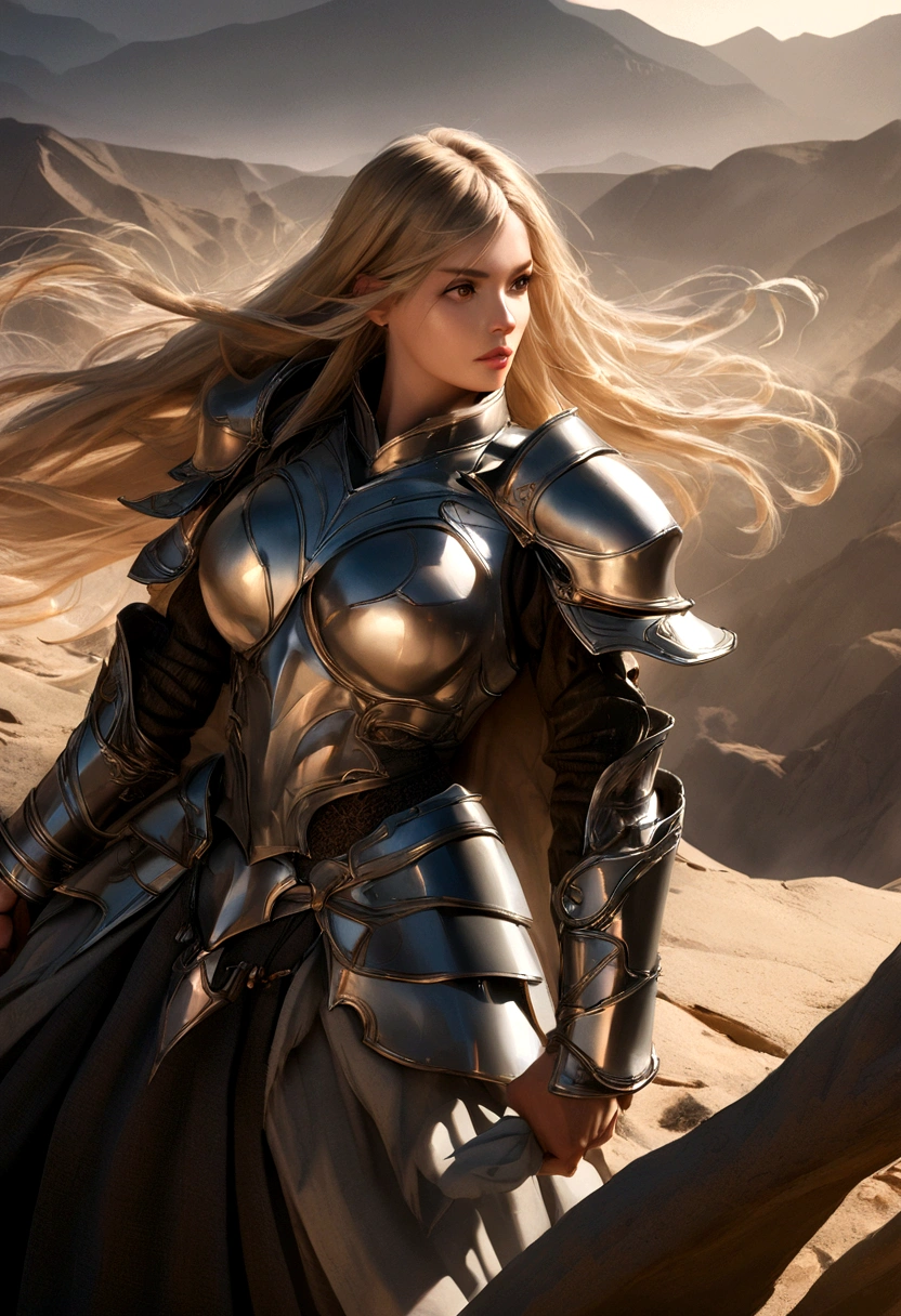 A beautiful blonde woman with long hair blowing in the wind, wearing shiny silver armor, holding a military style weapon tightly in her hands, strong and imposing presence, cinematic lighting, epic fantasy, highly detailed, 8K, photorealistic, intricate armor details , dramatic poses, chiaroscuro lighting, hyper-realistic, dramatic shadows, volumetric fog, dramatic angles, the background of the image is a desolate plain location, with mountains in the background.