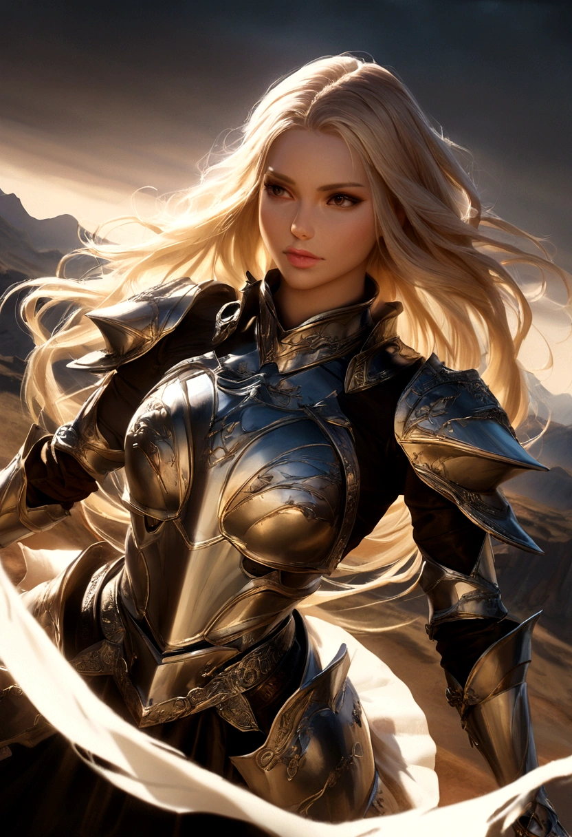 A beautiful blonde woman with long hair blowing in the wind, wearing shiny silver armor, holding a military style weapon tightly in her hands, strong and imposing presence, cinematic lighting, epic fantasy, highly detailed, 8K, photorealistic, intricate armor details , dramatic poses, chiaroscuro lighting, hyper-realistic, dramatic shadows, volumetric fog, dramatic angles, the background of the image is a desolate plain location, with mountains in the background.