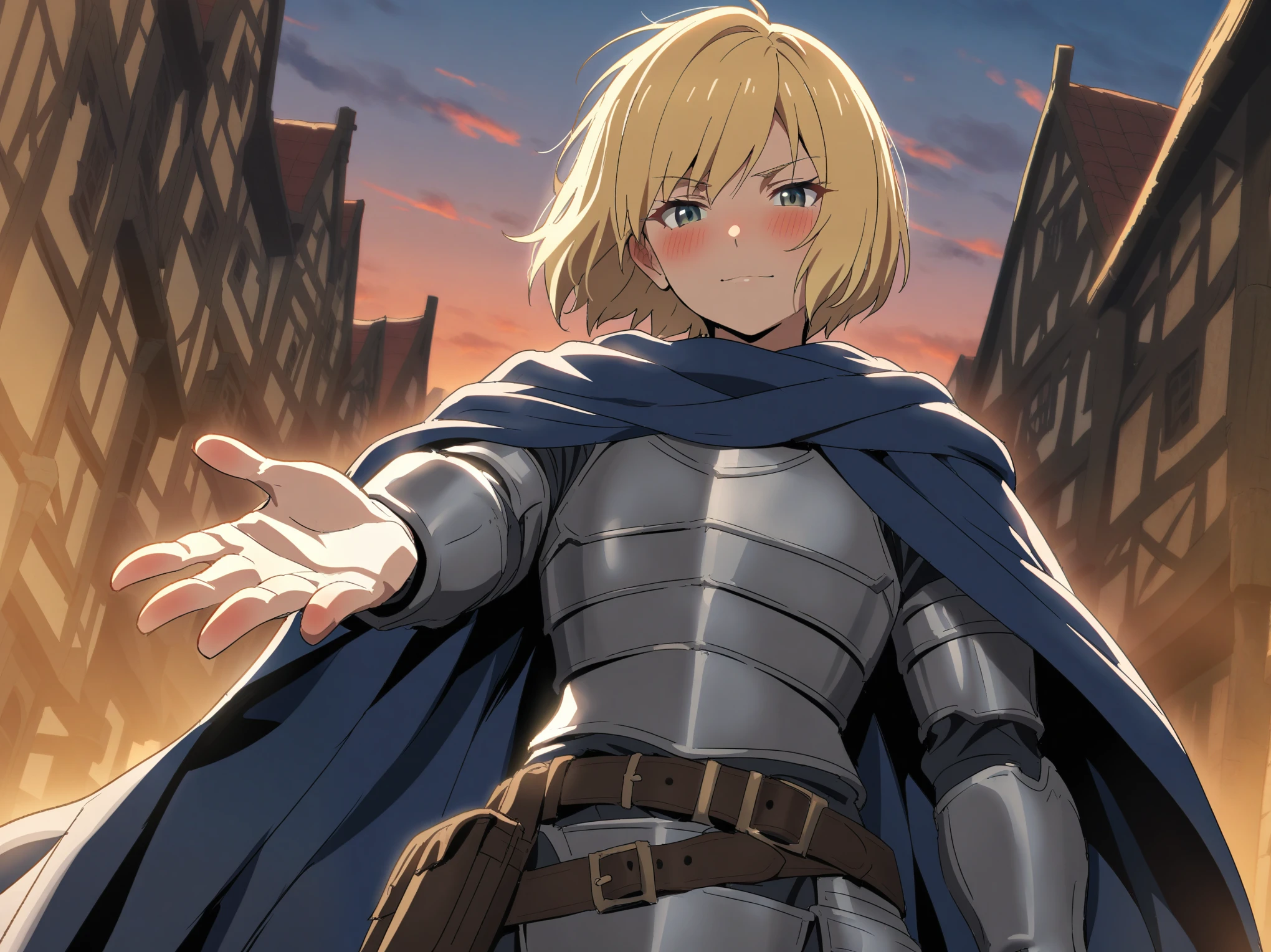 {{upper body, dutch angle, straight-on, pov}} {{Artist: Sincos}} 1girl, solo, muscular female, mature female, androgynous, tomboy, faint smile, blush, one outstretched hand, blonde hair, very short hair, bob cut, green eyes, flat chest, plate armor, blue cloth, blue cloak, leather belt, town, standing, twilight, looking at viewer, medieval fantasy.
