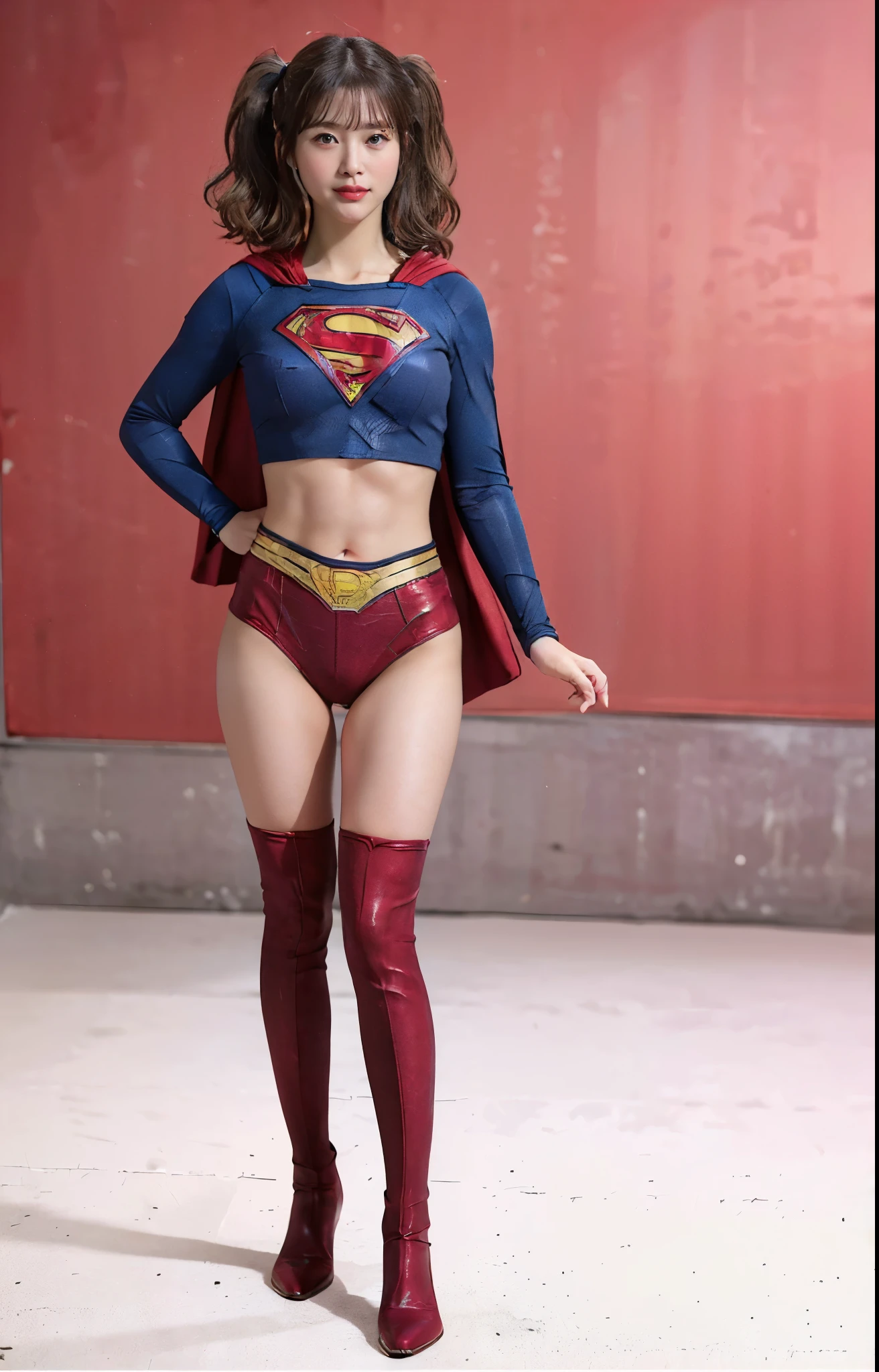 No background、(((Beautiful legs in black tights.)))、(((Legally express the beauty of your smile)))、((((Make the most of your original images)))、(((体にぴったりフィットするSupergirl Costume)))、(((Supergirl Costume)))、(((Beautiful twin tail hairstyle)))、(((She is winking cutely.)))、(((Please wear black tights....、Wear red boots)))、((Best image quality、8k))、((highest quality、8k、masterpiece:1.3))、(((Preserve background )))、Sharp focus:1.2、Beautiful woman with perfect figure:1.4、Slim Abs:1.2、Wet body:1.5、Highly detailed face and skin texture、8k
