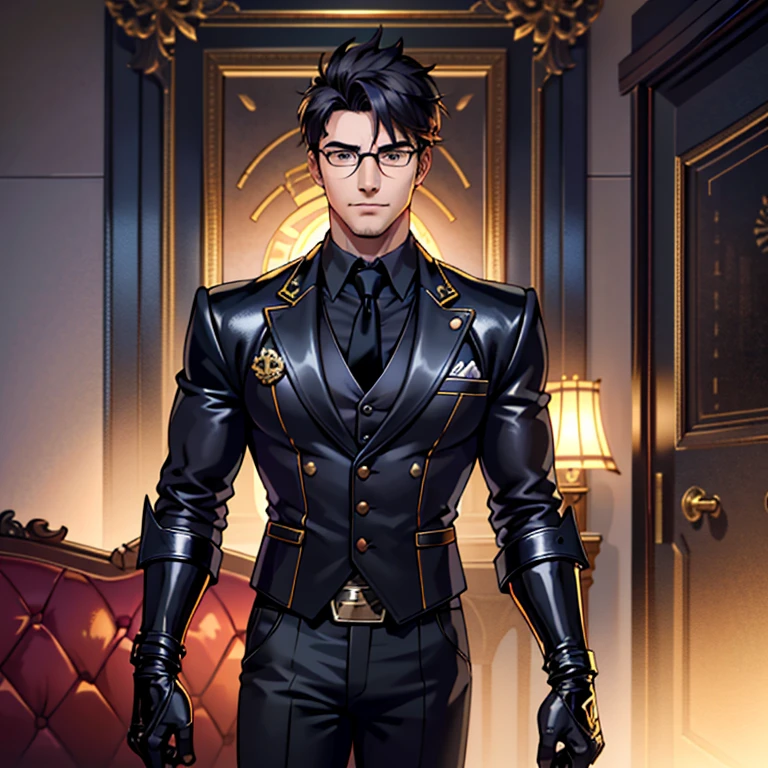 1boy, 16~20 years old, male focus, muscular male, nsfw, 3D, realistic, indoor, normal hue, central, golden ratio, sitting on the leather couch, sharp-featured body, tall, burly, highres, slender build, perfect anatomy, skin texture, thick dark buzzcut hair, see-through bangs, shallow eyebrow, symmetrical eyebrow, large bright eyes, symmetrical eyes, square gold-rimmed glasses, big straight nose, closed mouth, double-edged polearm, broad shoulders, noble attire, bdominal stretch, tight-fitting, leather collar, stand-up collared shirt, necktie, waistcoat, open thickened glossy dark leather jacket, six-pack abs, leather gloves, black trousers, leather belt, spreading long thin legs, large ????? penis over 10 inches length and 3 inches width, erection, large scrotum with testicles, masturbation, high-heeled leather boots, soft smile, handsome, powerful, from front, looking ahead at viewer, day, masterpiece, best quality, hyper-detailed, intricate detail, professional photography, matte, bright, the most beautiful ever seen, post processing, dreamatic lighting, ambient lighting, epic composition, ultrawide shot, uplight, raytracing reflections, depth of field, gorgeous background 