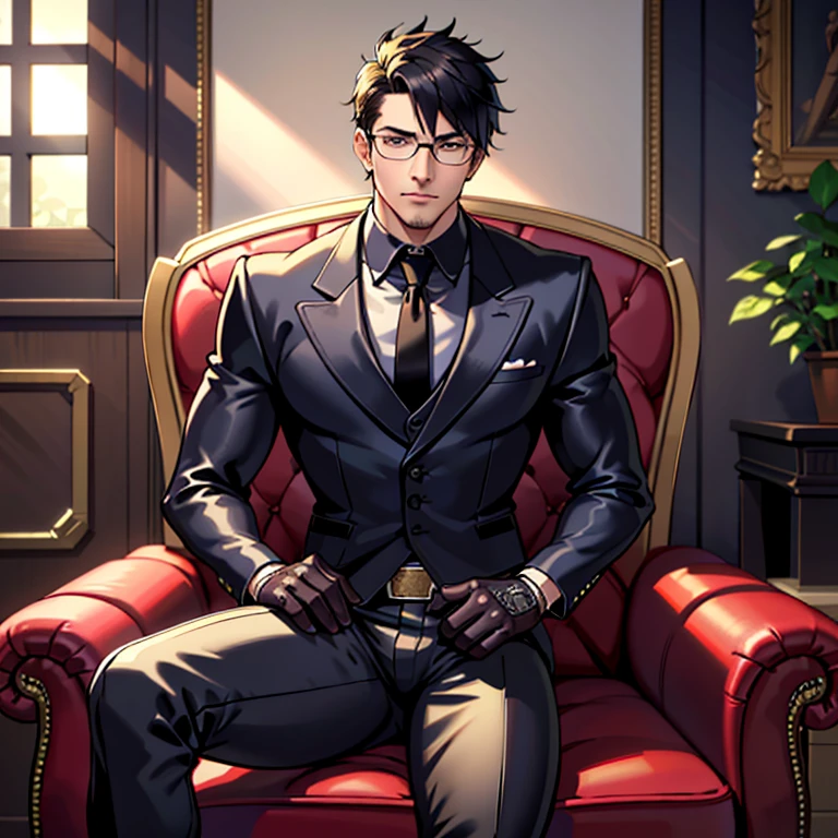 1boy, 16~20 years old, male focus, muscular male, nsfw, 3D, realistic, indoor, normal hue, central, golden ratio, sitting on the leather couch, sharp-featured body, tall, burly, highres, slender build, perfect anatomy, skin texture, thick dark buzzcut hair, see-through bangs, shallow eyebrow, symmetrical eyebrow, large bright eyes, symmetrical eyes, square gold-rimmed glasses, big straight nose, closed mouth, double-edged polearm, broad shoulders, noble attire, bdominal stretch, tight-fitting, leather collar, stand-up collared shirt, necktie, waistcoat, open thickened glossy dark leather jacket, six-pack abs, leather gloves, black trousers, leather belt, spreading long thin legs, large erect penis over 10 inches length and 3 inches width, erection, large scrotum with testicles, masturbation, high-heeled leather boots, soft smile, handsome, powerful, from front, looking ahead at viewer, day, masterpiece, best quality, hyper-detailed, intricate detail, professional photography, matte, bright, the most beautiful ever seen, post processing, dreamatic lighting, ambient lighting, epic composition, ultrawide shot, uplight, raytracing reflections, depth of field, gorgeous background