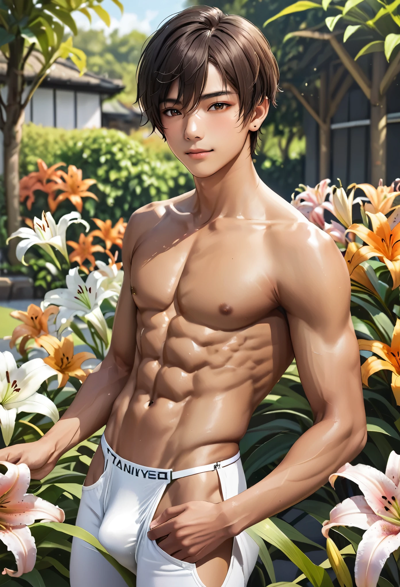 (best quality), realistic, lily, garden,  Japanese idol boy,  (abs), black short hair, tanned dark skin, (detailed brown eyes), (smile:0.8), white tiny thong, bulge, 