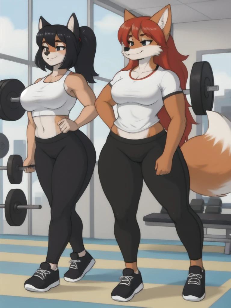 Furry, fox, female, white shirt, black leggings, shoes, gym, , full body