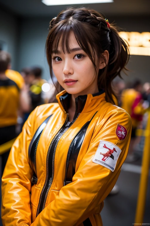 (8k, highest quality, masterpiece:1.2), Super detailed, masterpiece, Realistic lighting,masterpiece, highest quality, masterpiece, Official Art,Highly detailed CG Unity 8k wallpaper,Beautiful fine details, Light on the face, One girl, Asuka,Upper Body, chest, pilot_suit, plugsuit, red_Jacket, Windbreaker, gloves, bandage, hair_ornament, Braces,