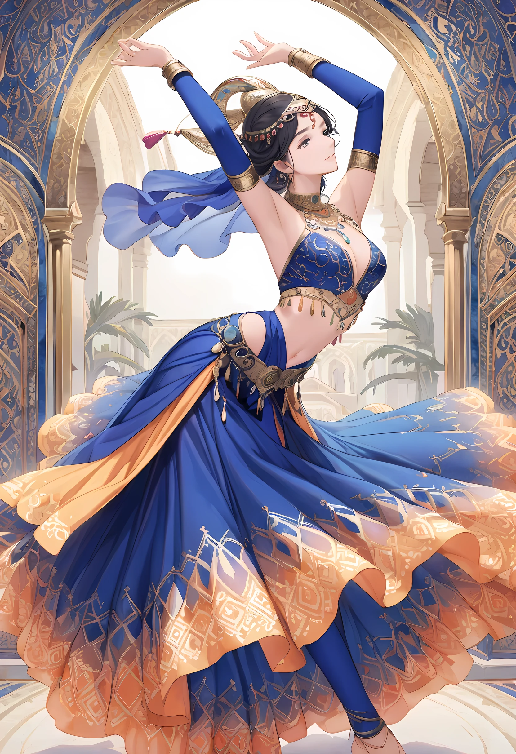 A Middle Eastern dancer in traditional attire performing a dance. She is wearing a vibrant, flowing dress with intricate patterns and designs, along with a headpiece adorned with jewels. Her movements are graceful and expressive, capturing the essence of Middle Eastern dance. The background features an ornate, historical setting with arches and mosaic tiles.