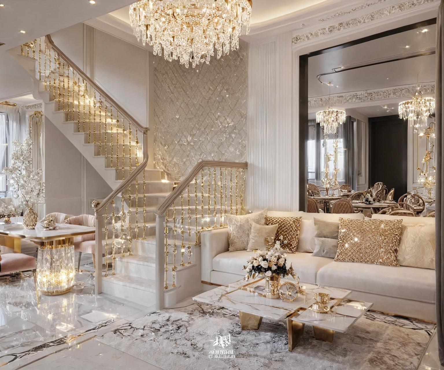 ,Masterpiece, Best quality,8K, Ultra-high resolution,When you step into the living room,Immediately surrounded by a rich atmosphere of luxury。Ornate crystal chandeliers hang high on the wall,Shine brightly。The sofa was covered with a soft white fluffy blanket,It is so comfortable,So much so that you can't help but indulge in it。In the corner of the living room is a delicate coffee table,Embellished with precious porcelain and champagne gold ornaments。Whenever it is late afternoon,The afterglow from the window spilled on the floor,Soft light and shadow are reflected,It was as if entering a dreamland。