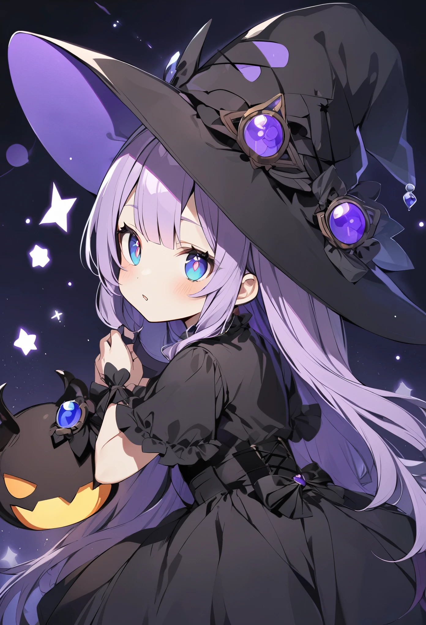 Black and purple hair,Deep blue pupils,Purple and black witch dress,Cute Witch