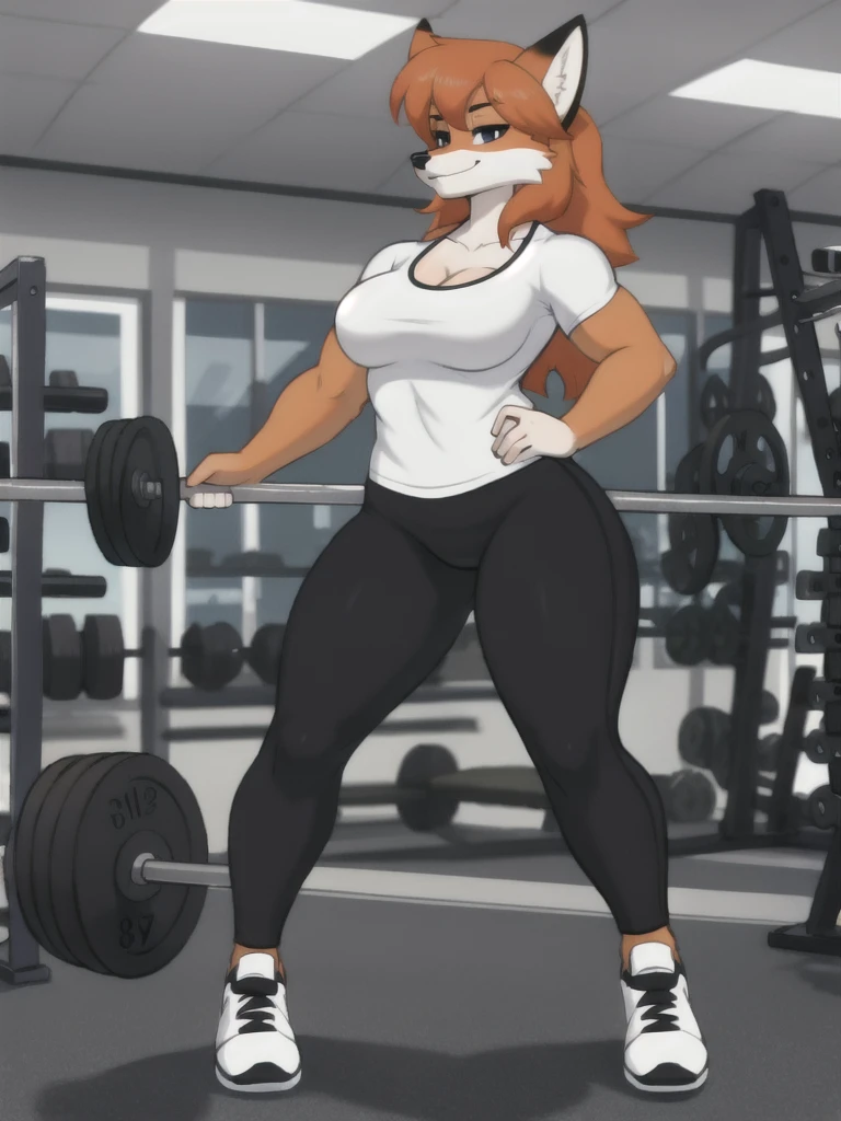 Furry, fox, female, white shirt, black leggings, shoes, gym, teen, full body