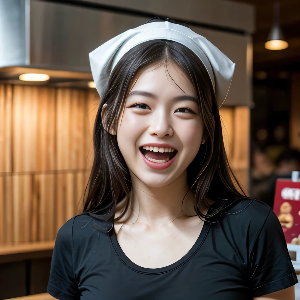 8K, ultra detailed, (realistic:1.2), masterpiece, 30yo, A woman wearing a black T-shirt and a white bandana on his head, (laugh:1.5), Ramen restaurant kitchen, standing