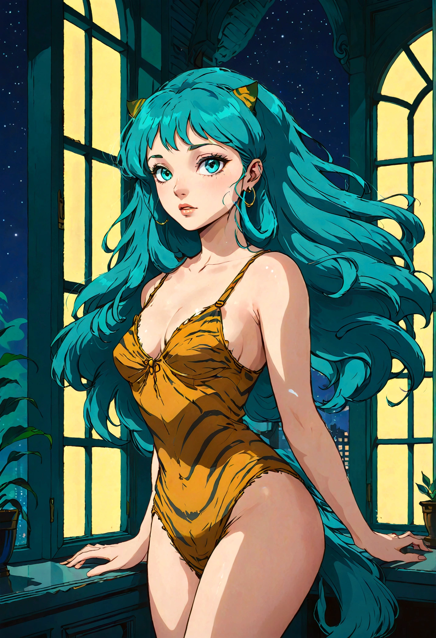 (lum), 1girl, solo, retro artstyle, eyeshadow, long hair, green hair, aqua hair, disheveled hair, blue eyes, bangs, tiger-stripped horns, 2d, translucent negligee, night, wide windows, crescent, (Best quality at its best, high detail, masterpiece, official art, movie light effect, 4K, 8K), jhyd style, glamour, from below,