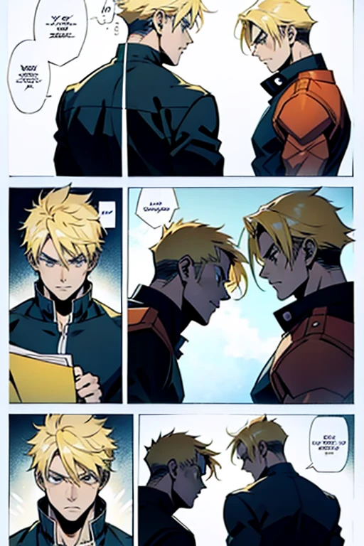 Anime guy with blonde hair fighting , manga page with panels and dialogue 