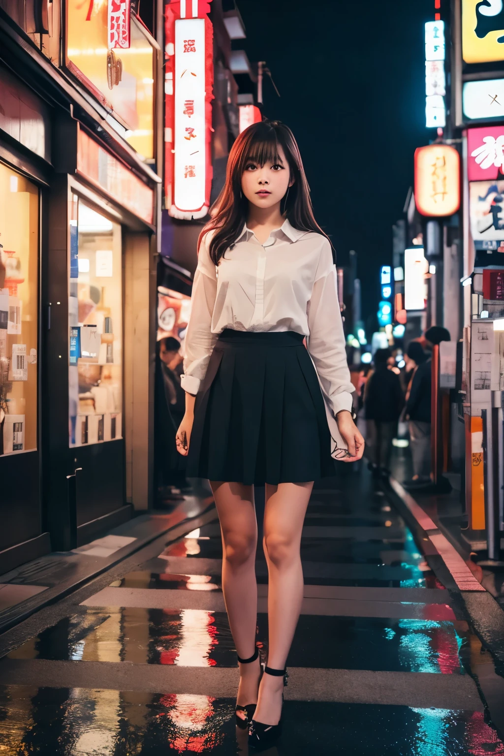 1 girl, semi-long, Tokyo Street,night, Cityscape,City lights, whole body,close, 8k, RAW Photos, highest quality, masterpiece,Realistic, photo-Realistic,