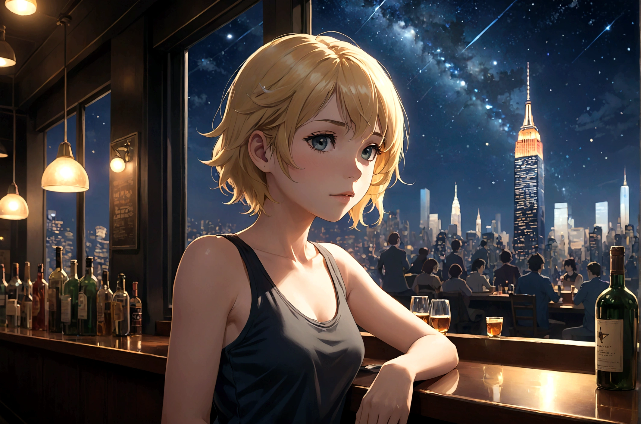 Uses Makoto Shinkai'The depiction is perfect,Natalie Emmons Portrait,8k 4k masterpiece photo ,new york,Glass ceiling jazz bar,I can see the twinkling stars through the glass window.,that'Outside in the dark night,Jazz is playing,Profile close-up,Beautiful profile,Semi-long hair,Blonde,Look in a different direction,Standing alone at the counter,A tight fitting black tank top,Bust is medium large