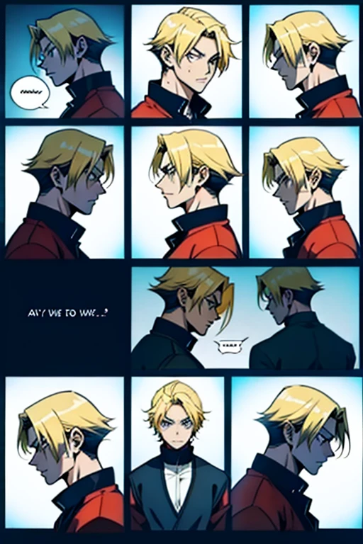 Anime guy with blonde hair , manga page with panels and dialogue 